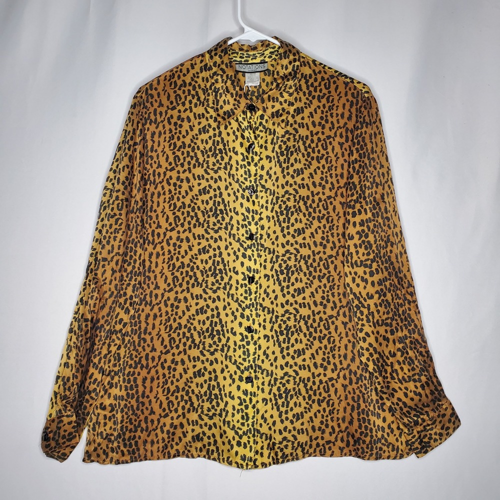 Notations Woman Silk Button Blouse 16W Leopard Gold Black Long Sleeve Collar‎
